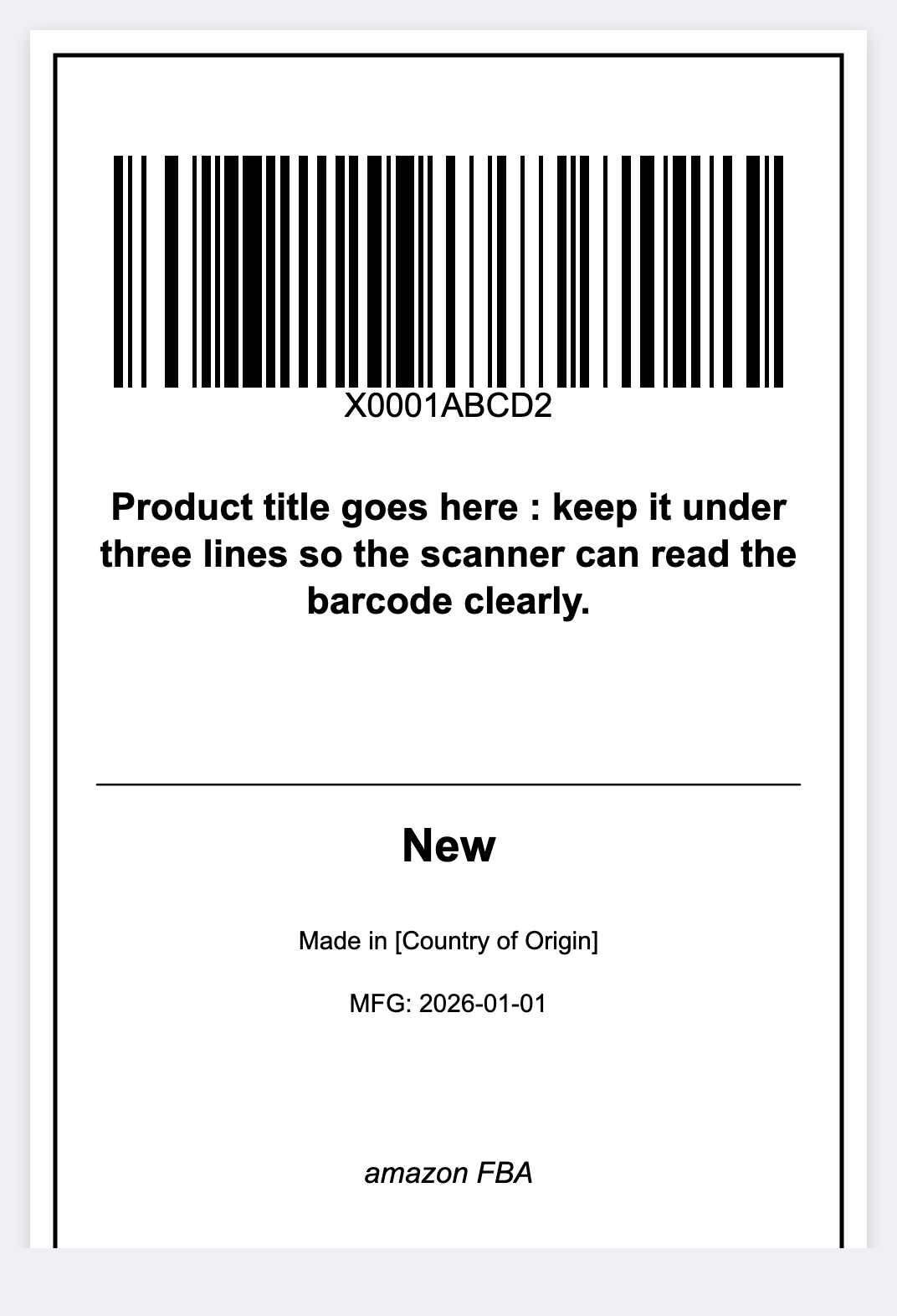 Amazon FBA (FNSKU) sample from the free label maker