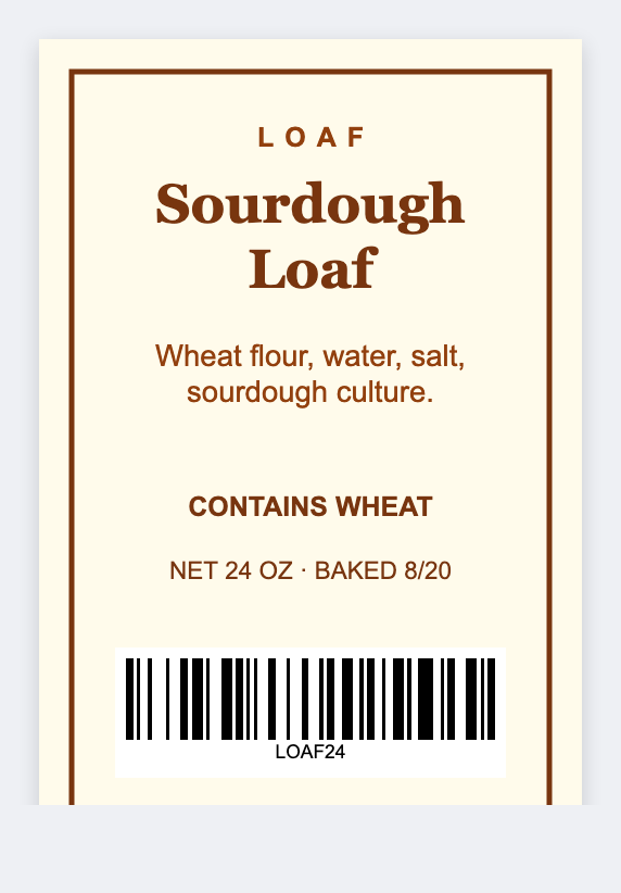 Bakery ingredient sample from the free label maker