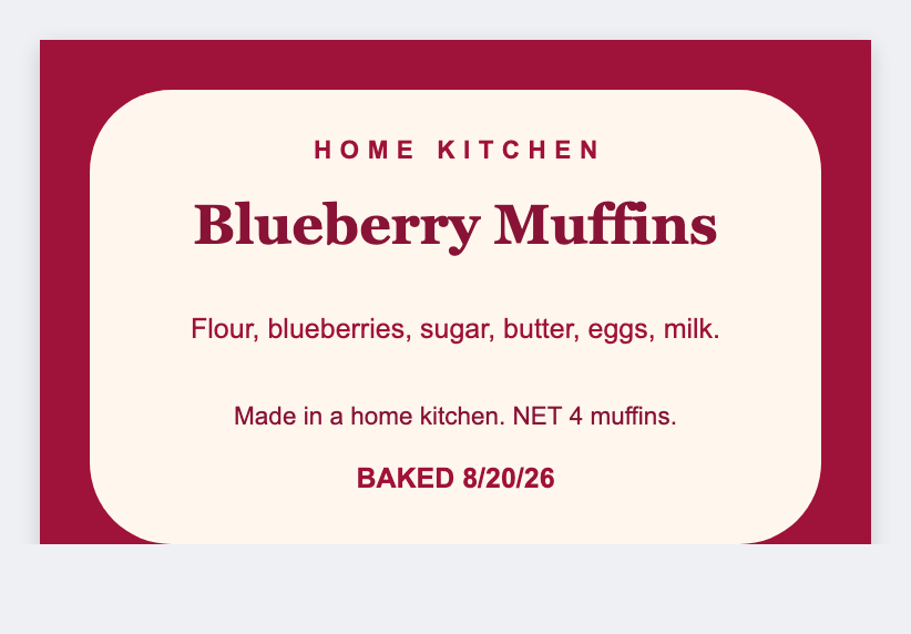 Cottage food sample from the free label maker