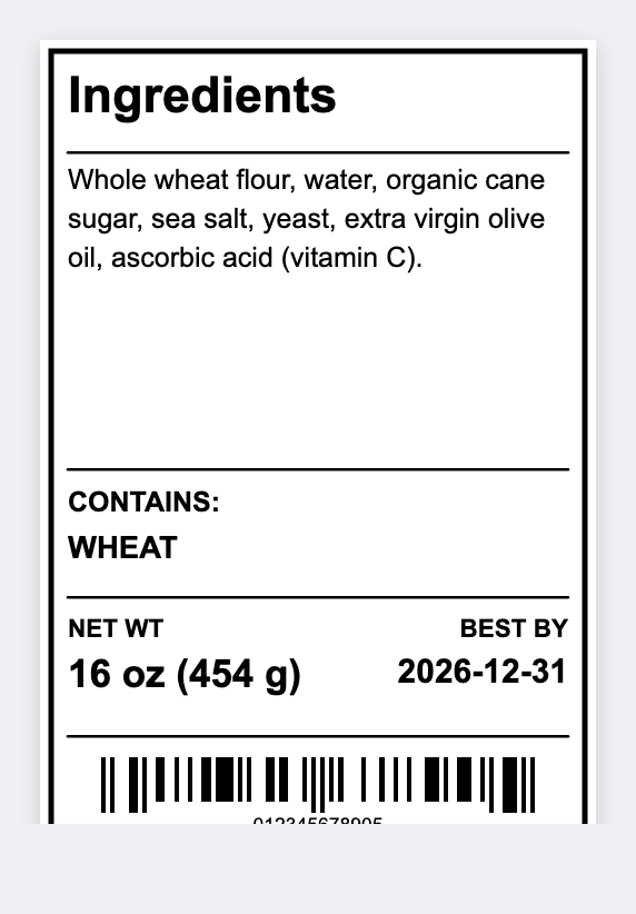 Ingredients label sample from the free label maker