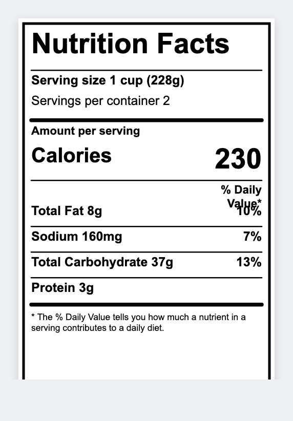 Nutrition facts sample from the free label maker