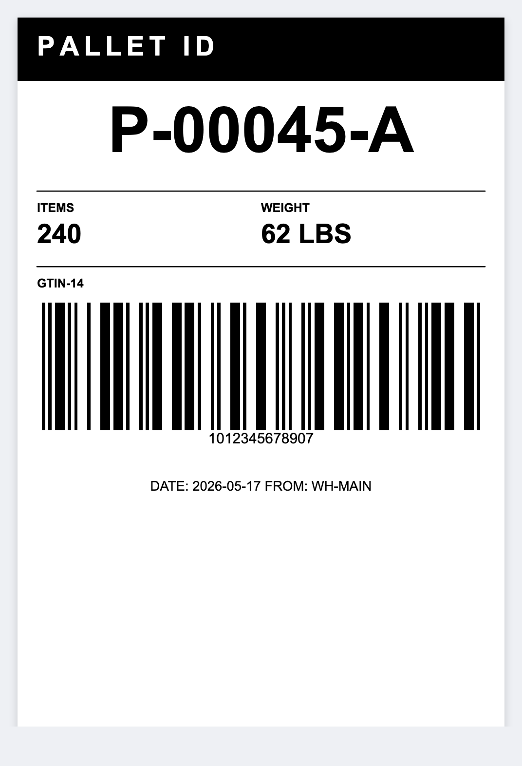 Pallet ID sample from the free label maker