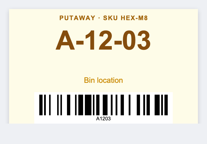 Putaway sample from the free label maker