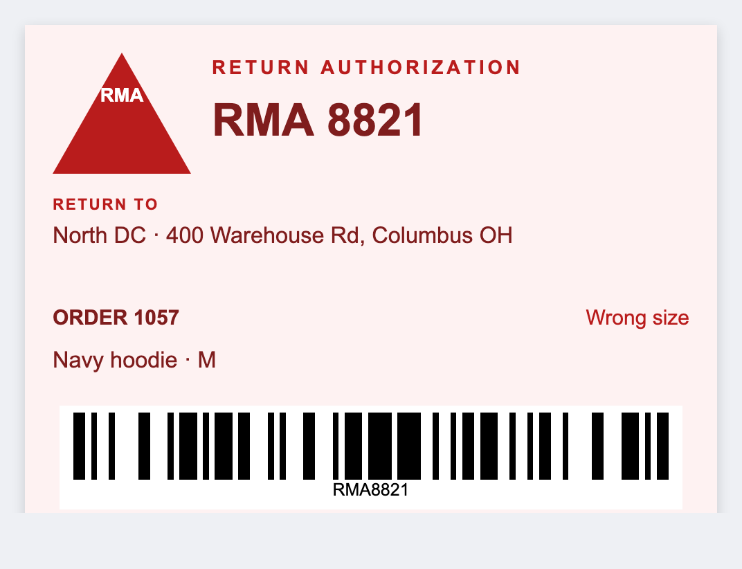 RMA return sample from the free label maker