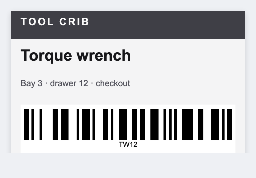 Tool crib sample from the free label maker