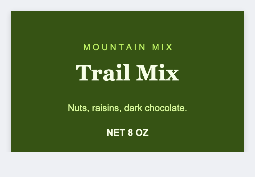 Trail mix sample from the free label maker