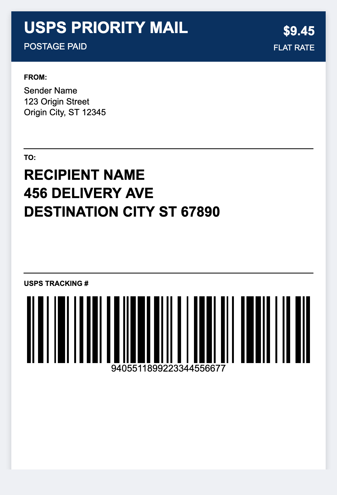USPS Priority Mail sample from the free label maker